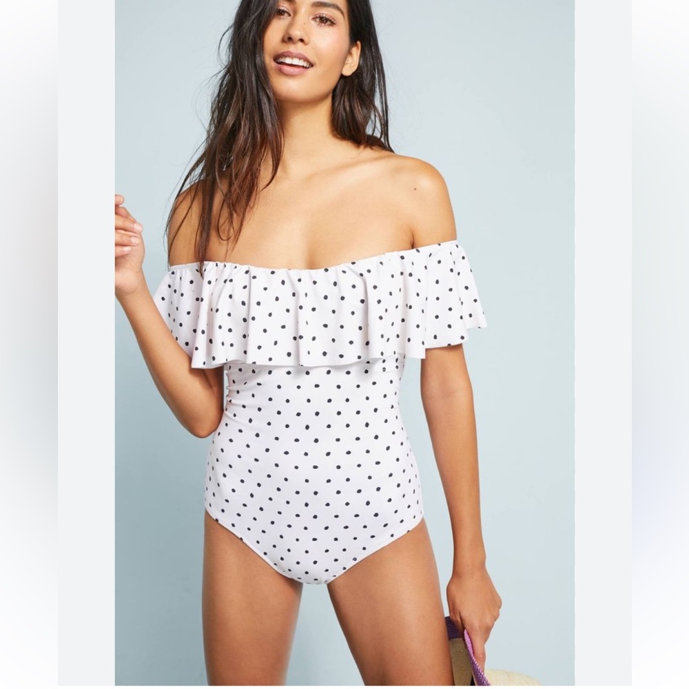 Eberjey Margarita Off The Shoulder One Piece Ruffled Polka Dot Swimsuit Like New